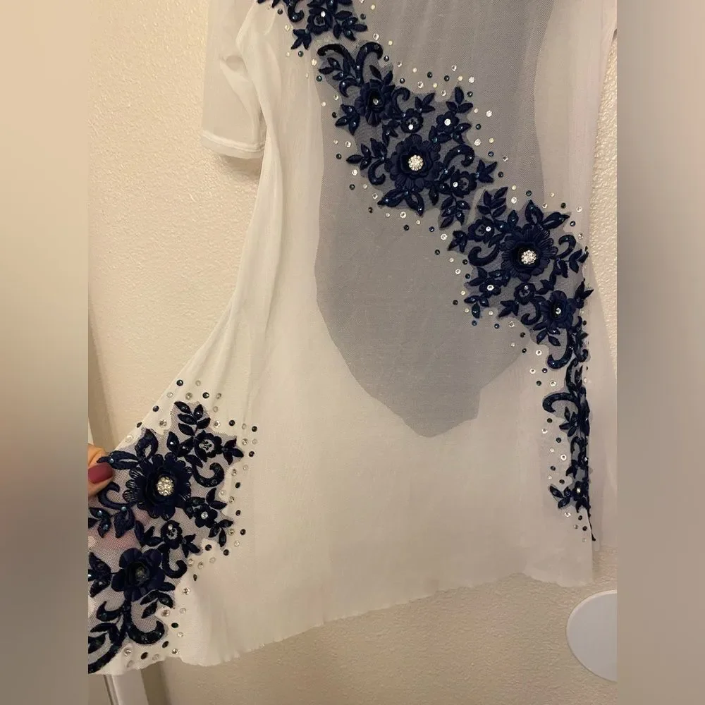 Custom solo dance costume white embellished mesh tunic stoned Overdress XSA adul